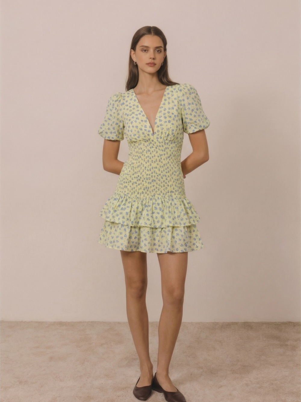 NWT y&i Deep V Bodycon Ditsy Print‎ Puffed Sleeve Cotton Dress Size M
